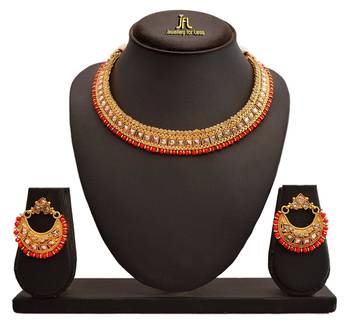 Jfl - ethnic one gram gold plated lcd champagne polki stone studded design necklace set for women and girls. 1