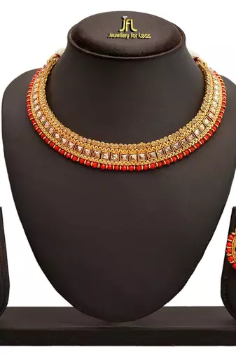 Jfl - ethnic one gram gold plated lcd champagne polki stone studded design necklace set for women and girls.