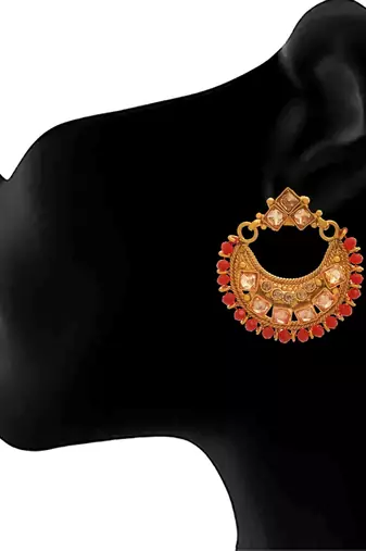 Jfl - ethnic one gram gold plated lcd champagne polki stone studded design necklace set for women and girls.