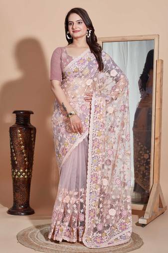   Beige Soft Net Embroidery Saree & Soft Net Blouse