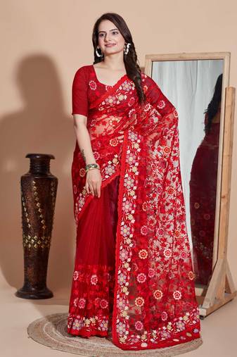   Red Soft Net Embroidery Saree & Soft Net Blouse