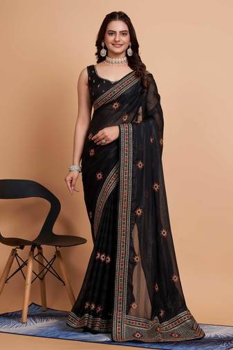   Black Soft Rimzim Silk Embroidery Saree & Rimzim Silk Blouse