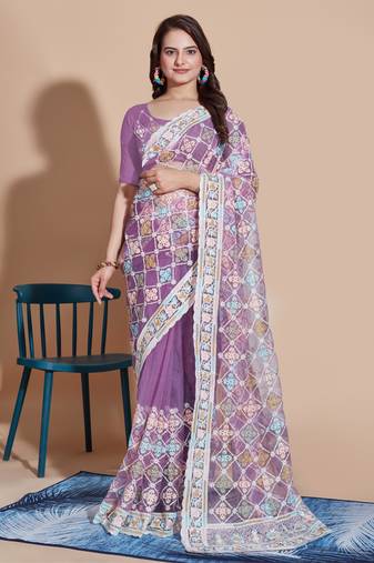   Lavender Soft Net Embroidery Saree & Soft Net Blouse
