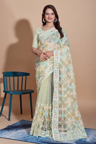   Olive Soft Net Embroidery Saree & Soft Net Blouse