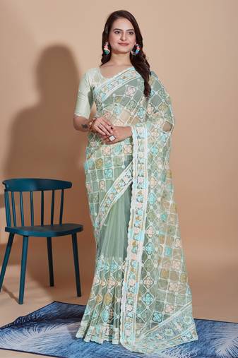   Green Soft Net Embroidery Saree & Soft Net Blouse
