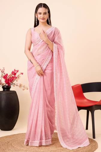  Pink Soft Gold Net Embroidery Saree & Soft Gold Net Blouse