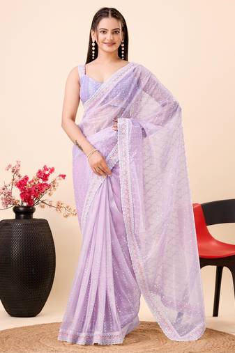   Lavender Soft Gold Net Embroidery Saree & Soft Gold Net Blouse