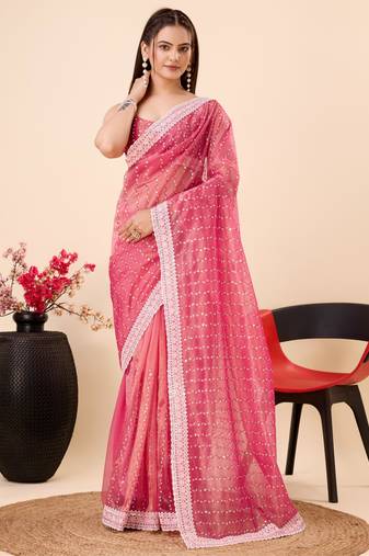   Pink Soft Gold Net Embroidery Saree & Soft Gold Net Blouse