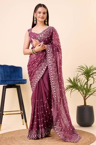   Burgundy Soft Organza Embroidery Saree & Soft Organza Blouse