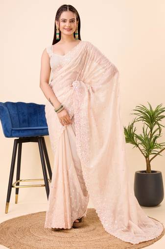   Beige Soft Organza Embroidery Saree & Soft Organza Blouse