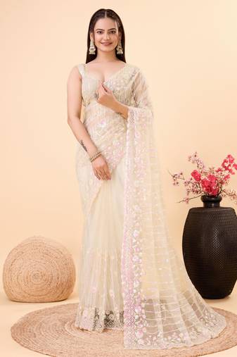   Beige Soft Net Embroidery Saree & Soft Net Blouse