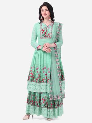 Parrot Green Georgette Printed Women's Semi-Stitched Sharara  Suit 1