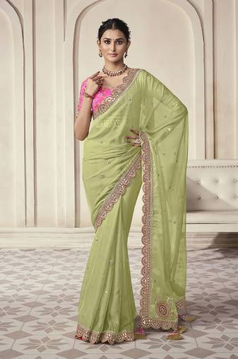 Festive Lime Green Embroidered Saree With Matching Blouse