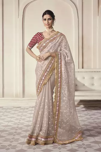 Pearl Beige Embellished Saree With Traditional Blouse