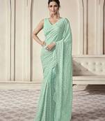 Aqua Blue Geometric Pattern Saree With Modern Blouse