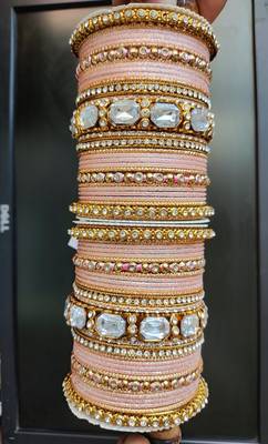 Beautiful Peach Bangle Set For Two Hands With Big Kundan Stones 2
