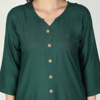 Fabclub Women Rayon Solid Plain Front Slit Straight Kurti (Dark Green) 5