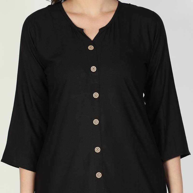 Fabclub Women Rayon Solid Plain Front Slit Straight Kurti (Black)