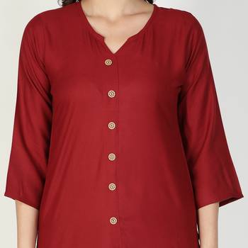 Fabclub Women Rayon Solid Plain Front Slit Straight Kurti (Maroon) 5