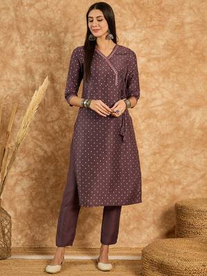 Ziyaa women's purple chinon straight kurta and pant set 1