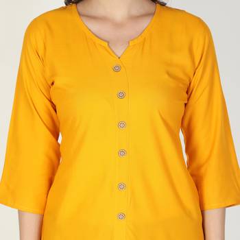 Fabclub Women Rayon Solid Plain Front Slit Straight Kurti (Mustard Yellow) 5