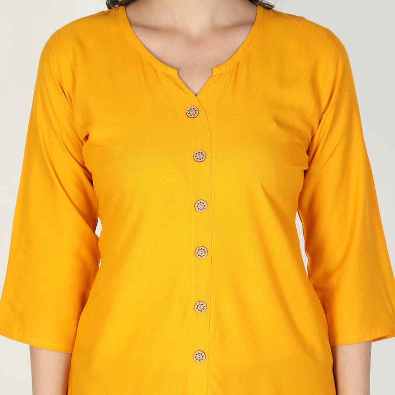 Fabclub Women Rayon Solid Plain Front Slit Straight Kurti (Mustard Yellow)
