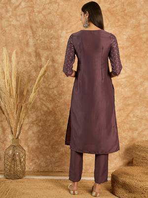 Ziyaa women's purple chinon straight kurta and pant set 2