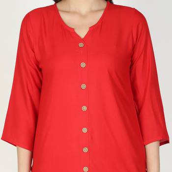 Fabclub Women Rayon Solid Plain Front Slit Straight Kurti (Red) 5