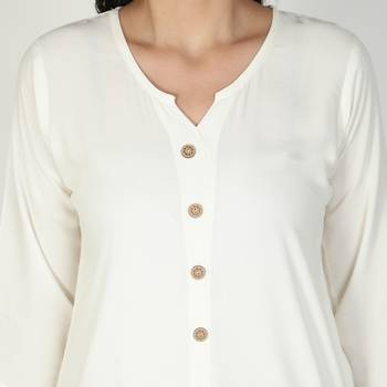 Fabclub Women Rayon Solid Plain Front Slit Straight Kurti (Off White) 5