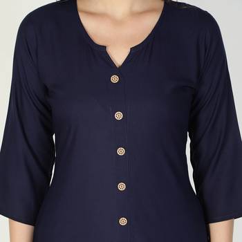 Fabclub Women Rayon Solid Plain Front Slit Straight Kurti (Navy Blue) 5