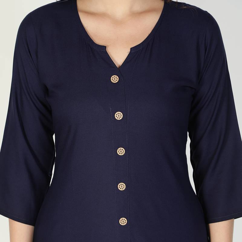Fabclub Women Rayon Solid Plain Front Slit Straight Kurti (Navy Blue)