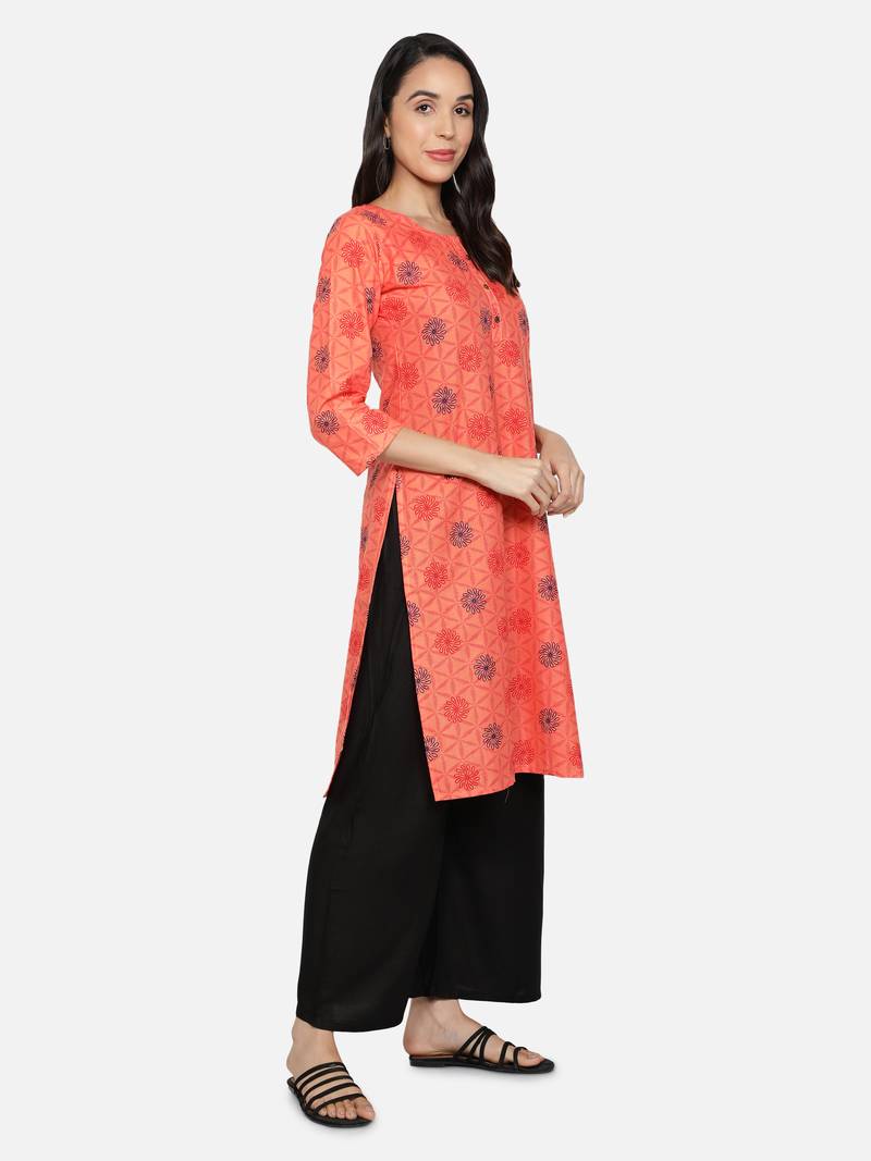 Orange cotton printed stitched   Kurti
