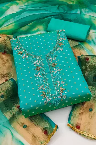 Turquoise Modal Butti Digital & Hand Work Dress Material With Inner