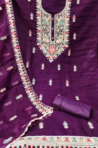 Purple Soft Organza Hand Work Dress Material