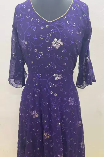 Purple embroidered georgette long-kurtis