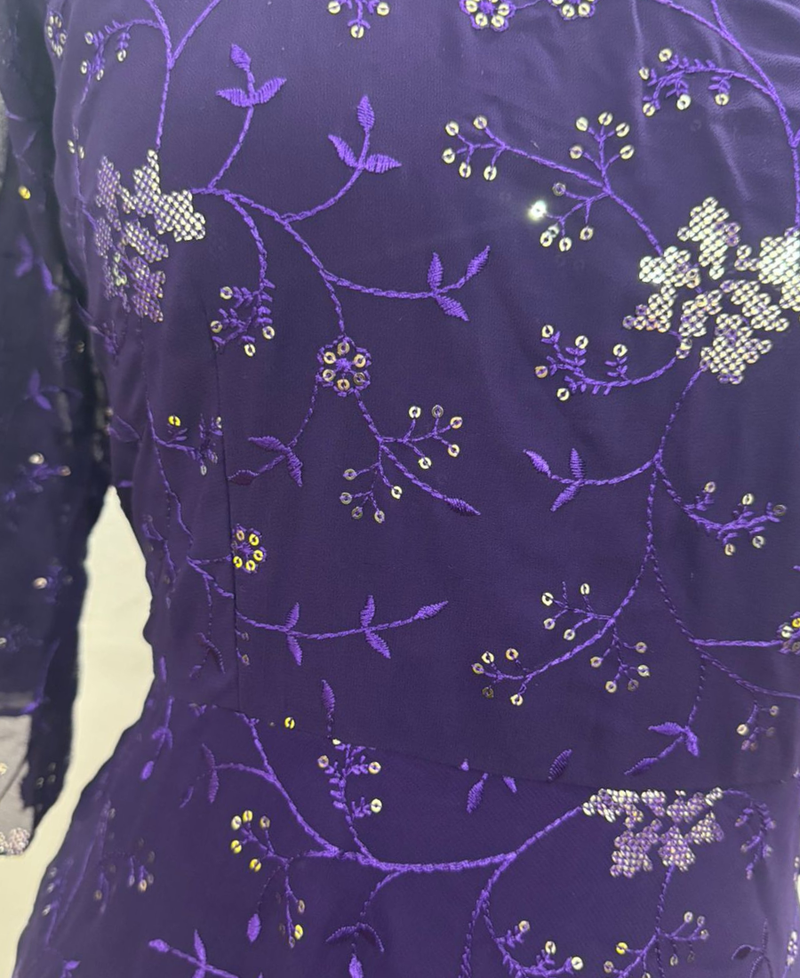 Purple embroidered georgette long-kurtis