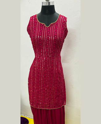 Pink Color Embroidered Sequence Work Georgette Staright Kurti and Sharara Set With Dupatta 7