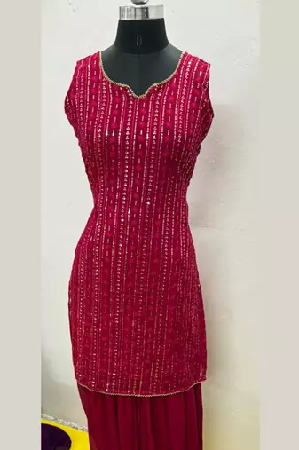 Pink Color Embroidered Sequence Work Georgette Staright Kurti and Sharara Set With Dupatta