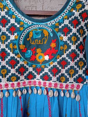 Deep Green And Sky Mochi Bharat Khadi Embroiderd Kedia And Multi Stripie Tulip Pants 7