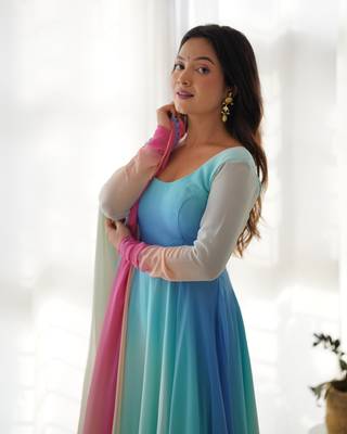 Soft Fox Georgette Colour Full Fabric, Fully Flair, Anarkali Kurti  With Dupatta And Pent 6