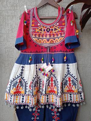 Red Yoke And Parrot Motif Panel Embroidered Kedia And Navy Blue Tulip Pants Set 8