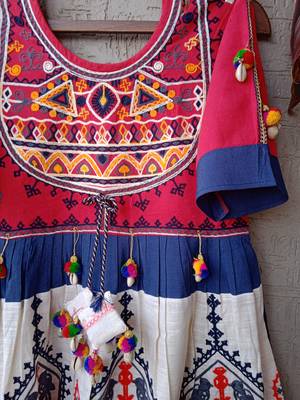 Red Yoke And Parrot Motif Panel Embroidered Kedia And Navy Blue Tulip Pants Set 9