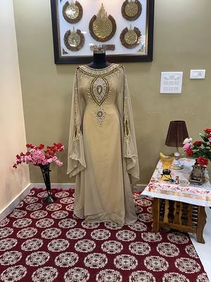 Beige Handcrafted Zari work Stitched Georgette Kaftan Party Wedding Dresses 2
