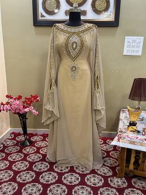 Beige Handcrafted Zari work Stitched Georgette Kaftan Party Wedding Dresses 1