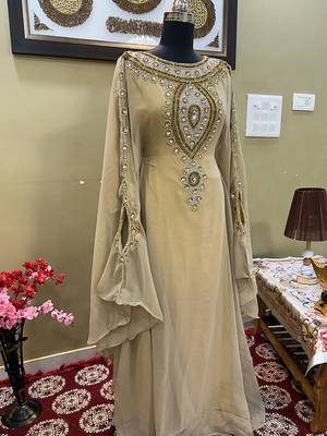 Beige Handcrafted Zari work Stitched Georgette Kaftan Party Wedding Dresses 3