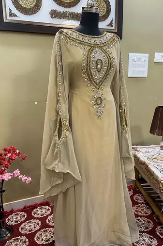 Beige Handcrafted Zari work Stitched Georgette Kaftan Party Wedding Dresses