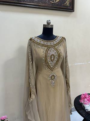Beige Handcrafted Zari work Stitched Georgette Kaftan Party Wedding Dresses 4