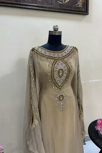 Beige Handcrafted Zari work Stitched Georgette Kaftan Party Wedding Dresses