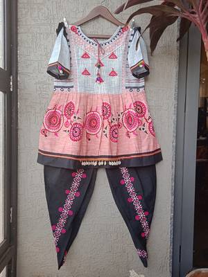 Peach And Grey Yoke Tiny Chandilier Embroidered Khadi Kedia And Black Tulip Pants Set 5