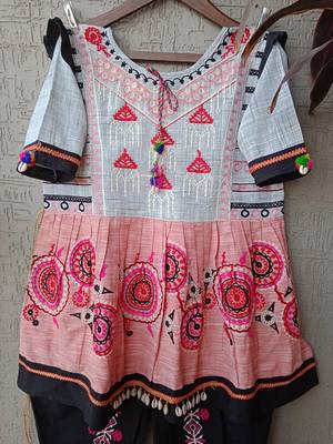 Peach And Grey Yoke Tiny Chandilier Embroidered Khadi Kedia And Black Tulip Pants Set 6